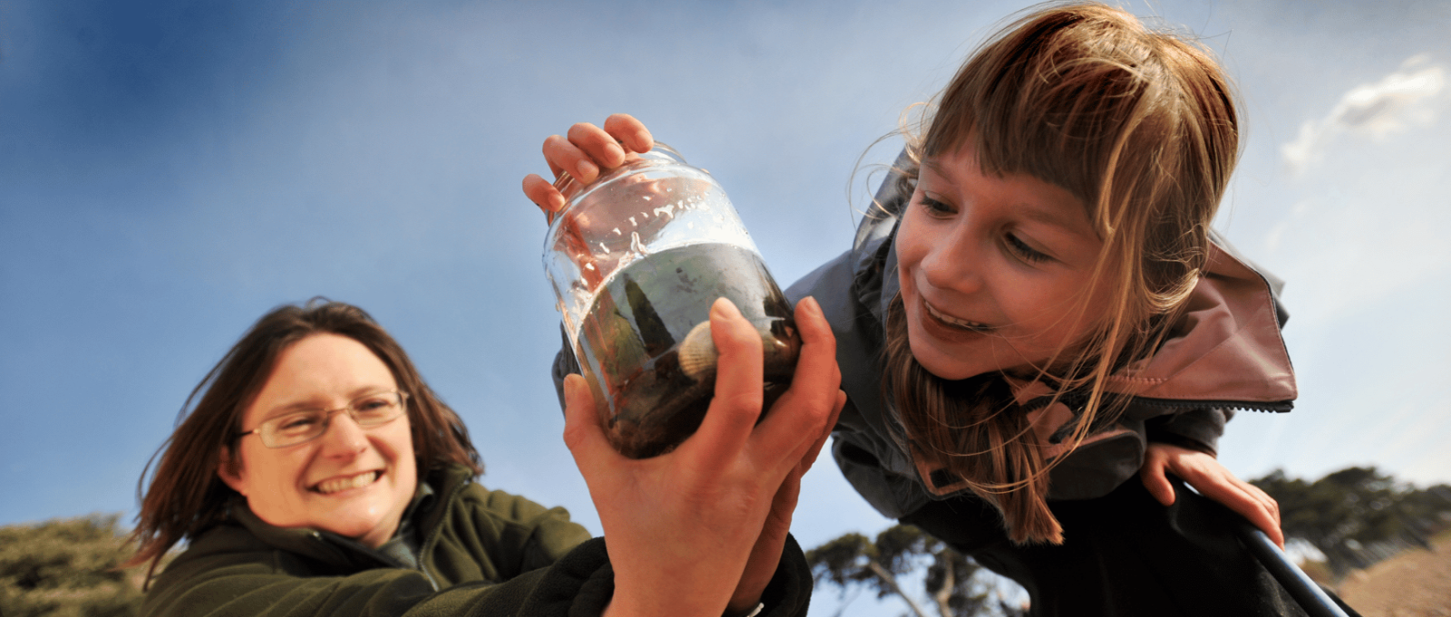 An adult and child look at findings in a glass jar at Royal Victoria Country Park